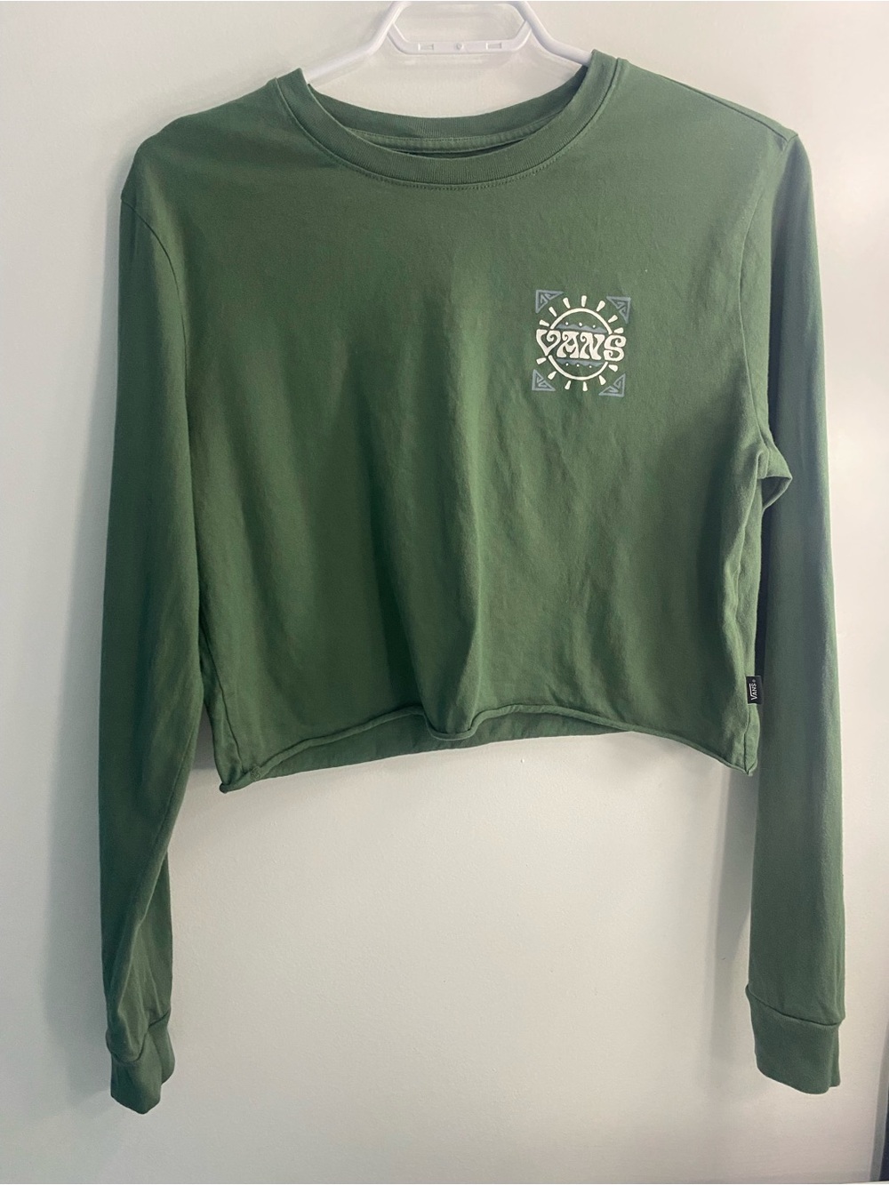 Vans Sage Green Cropped Long Sleeve Tee with Side Logo Tag